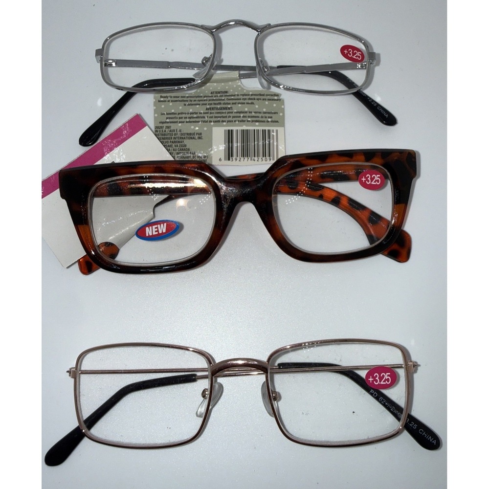 3 Pairs of NWT +3.25 Reading Eyeglasses-Gold And Silver Wire Frames & Tortoise